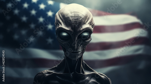 alien standing in front of the USA flag