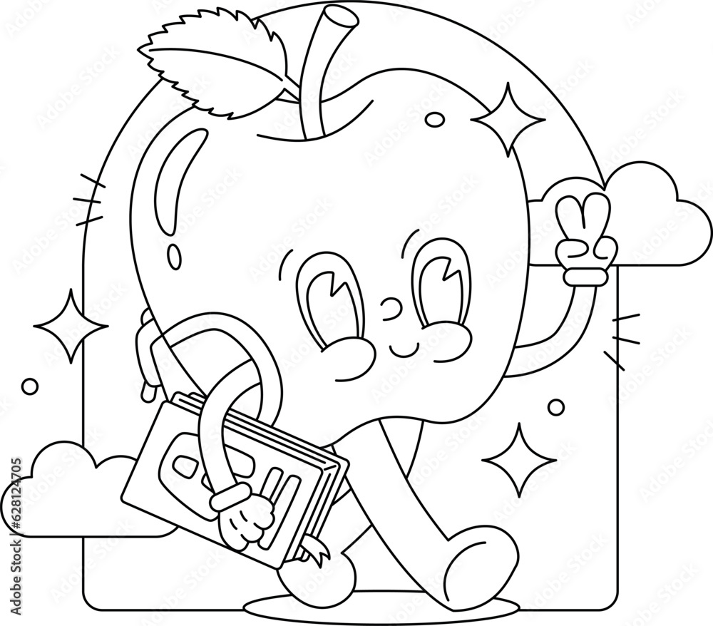Vector coloring page traditional cartoon illustration cute happy apple