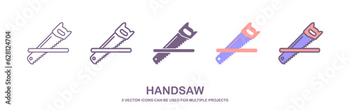 Vector set of realistic hacksaw icons. Saw for garden. handsaw illustration, metal, wood and aerated concrete. vector illustration