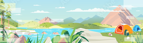 Mountain river landscape panoramic spring summer beautiful nature, meadow green hills with forest, blue lake, rock, tress, and mountains on horizon background