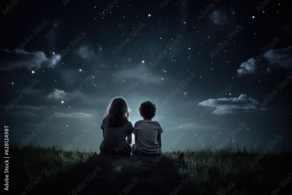 Boy and girl are sitting under the moonlight and starry sky. Romantic silhouette of loving couple. View from the back. Valentines day background.