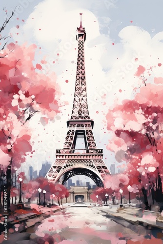 Watercolor Eiffel Tower and cherry blossom trees. Spring in Paris. Generative AI