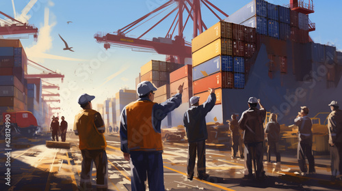 a scene of workers directing the flow of cargo at the sea cargo port, guiding containers with hand signals and gestures Generative AI