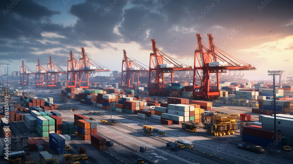 the organized chaos of a container terminal, with trucks delivering cargo while cranes load containers onto ships Generative AI