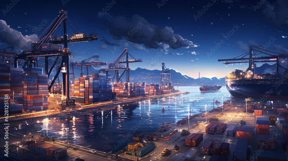 a mesmerizing night view of a sea cargo port, with containers illuminated by the soft glow of lights as they're loaded onto ships Generative AI