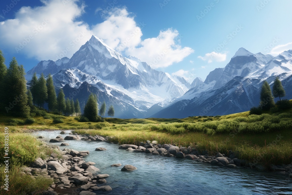 Photography of mountain landscapes with serene lakes and snowy peaks, conveying the majesty and grandeur of nature, Generative AI