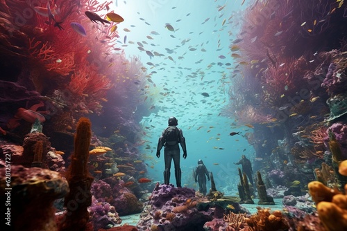 Photograph of people diving in colorful and preserved coral reefs, exploring the beauty and importance of marine ecosystems, Generative AI © Nino50