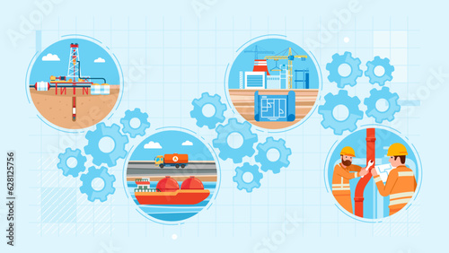 Oil industry infographic. Refinery objects. Logistic Fuel extraction. Petrol transportation by tanker and pipeline maintenance. Gasoline storage and processing. gears icon