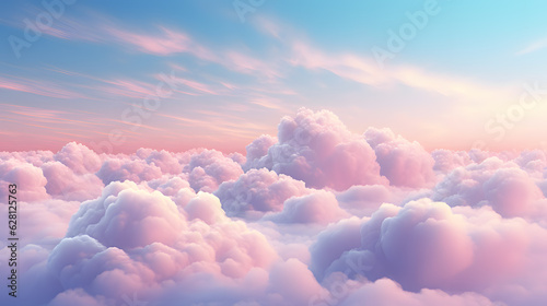 Beautiful aerial view above pink clouds at sunset in barbie world. 3d rendering illustration