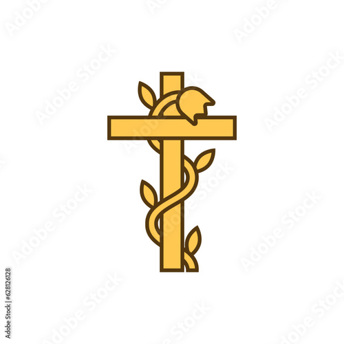 The gold cross is adorned with a metallic curly plant with a flower.