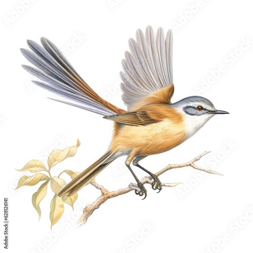 Fan-tailed warbler bird isolated on white. Generative AI