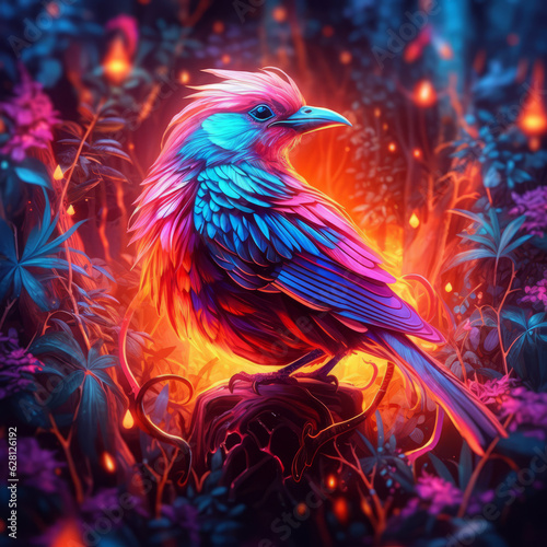 Bird in the wild with neon glow light.futuristic and cyberpunk style.Generative ai © kitinut