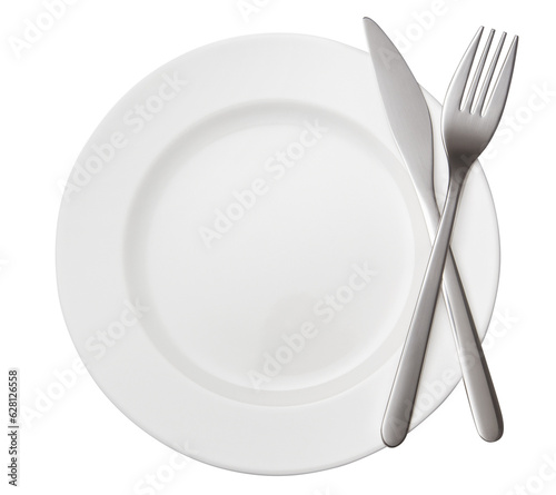 Fork and knife crossed on white plate, cut out
