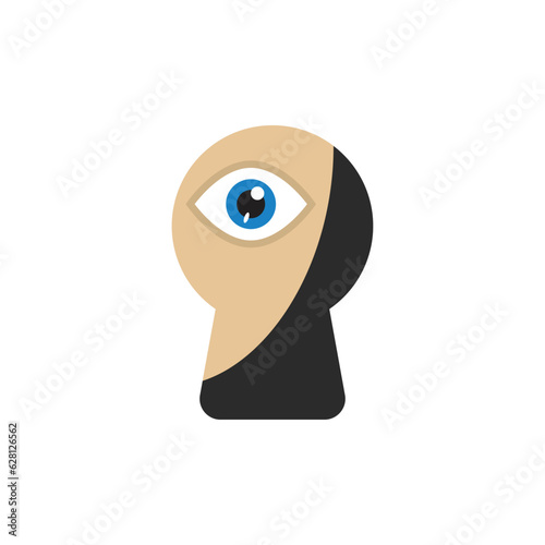 The man looks through the keyhole. Human head with eye looks inside the keyhole.