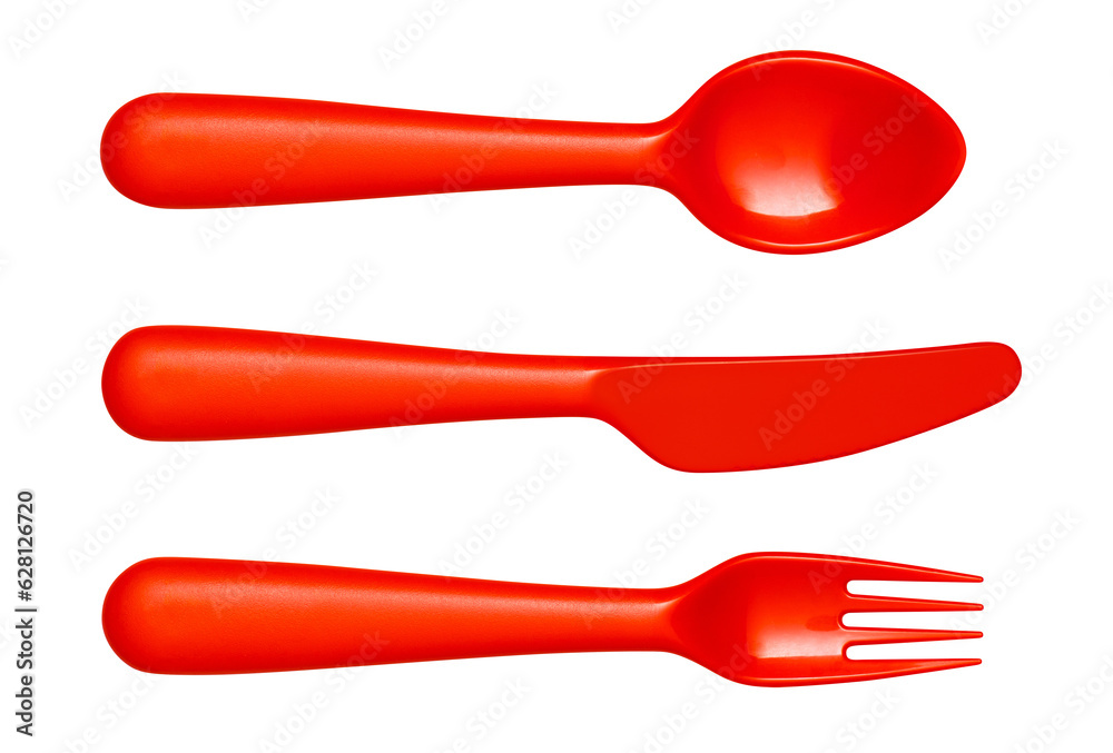 Red plastic spoon, knife and fork, cut out Red plastic spoon, knife and fork, cut out