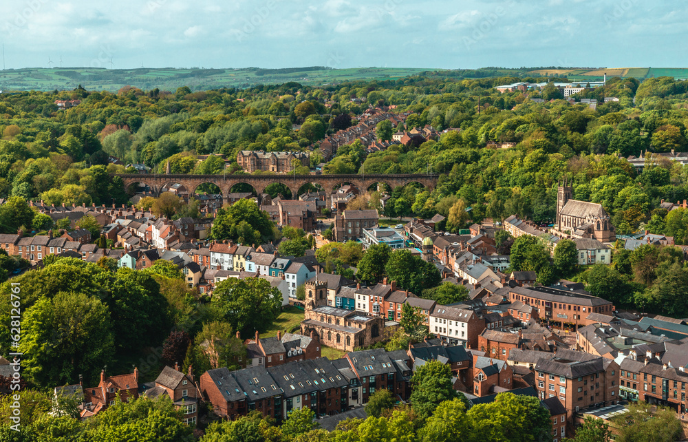 The aerial view of the Durham viaduct and the town center of the Durham from the top of the Durham Cathedral