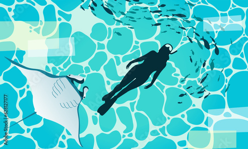 silhouette of a woman diver and fish around her seen from below blue water underwater texture on background