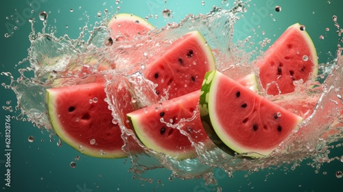 A cinematic shot of watermelon fruits falling with water splash  for commercial use  watermelon juice