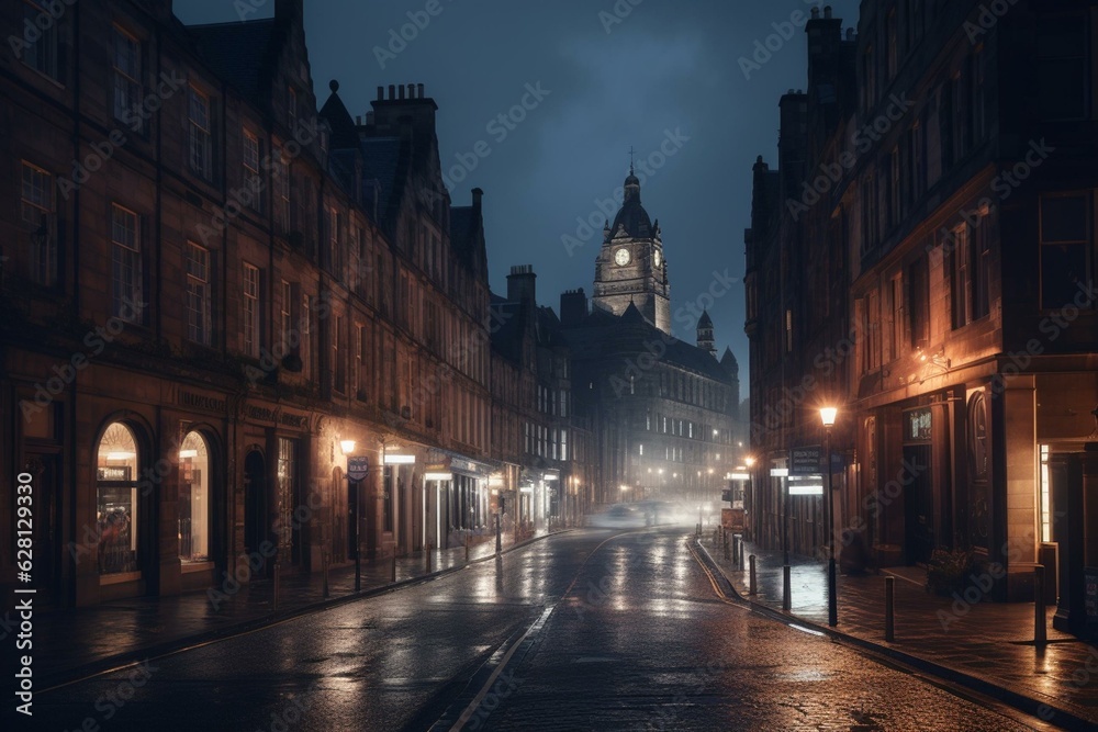 Nightly view of Victoria Street in Edinburgh. Generative AI