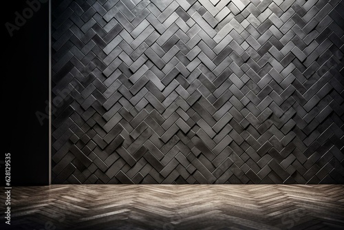 Arrangement of herringbone tiles in a wall shape with polished concrete bricks forming a 3D block background. Generative AI