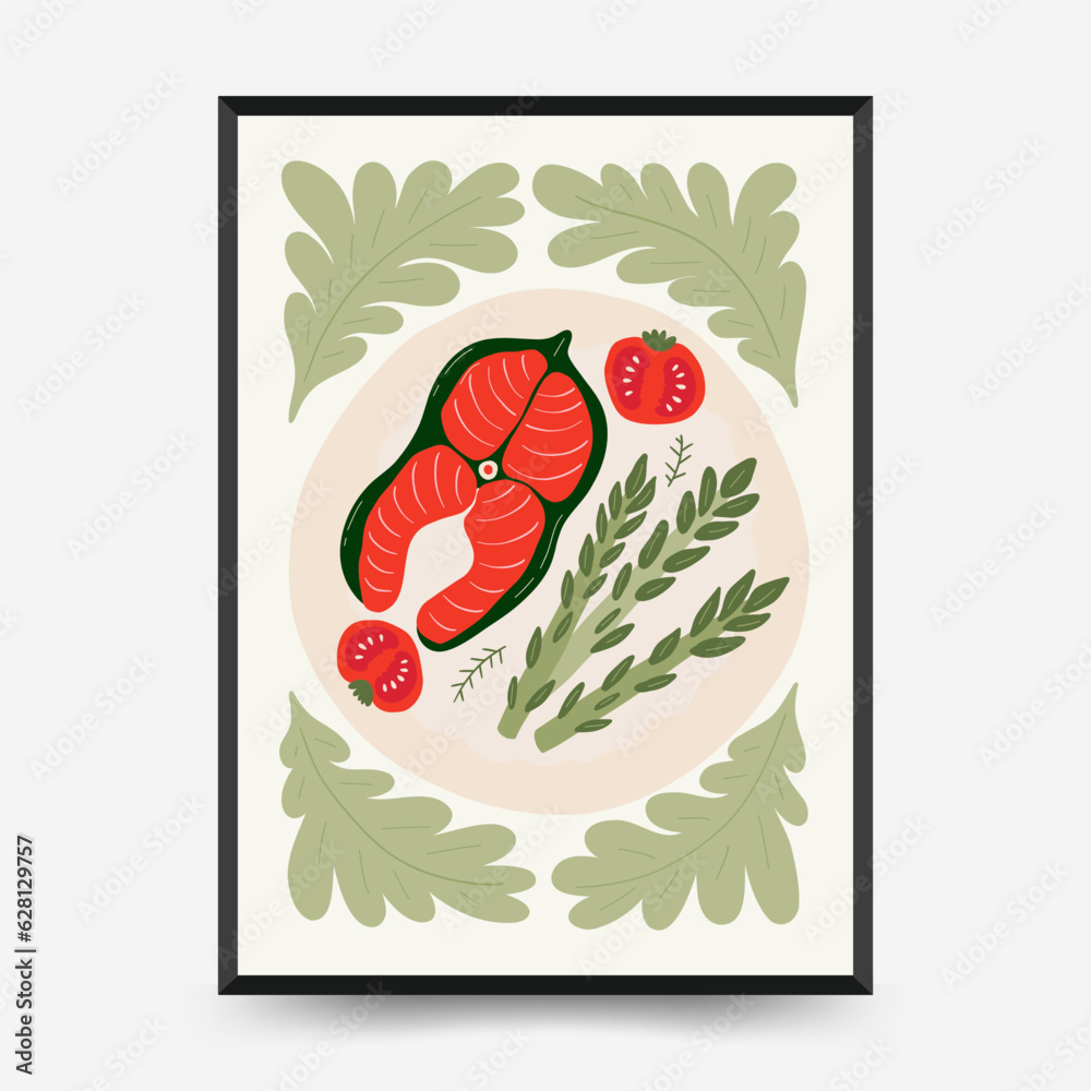 Naklejka premium Abstract food posters template. Modern trendy Matisse minimal style. Kitchen and restaurant decor. Hand drawn design for wallpaper, wall decor, print, postcard, cover, template, banner.