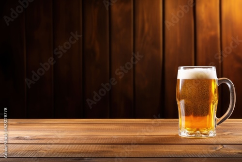 oktoberfest symbol. a glass of beer on a wooden table. place for the text