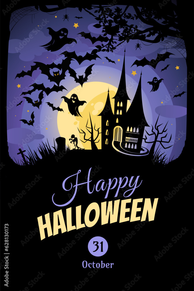 Halloween banner with tradition symbols. Castle and bats on the violet Moon background, illustration.

