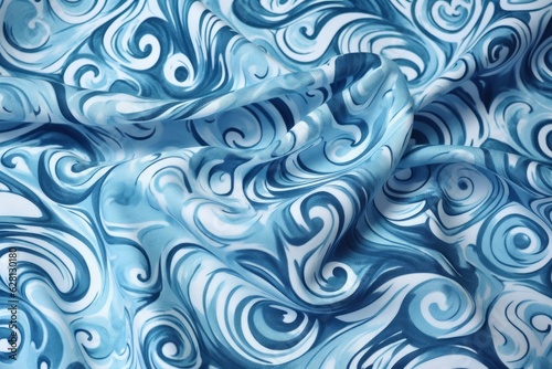 Illustration of blue and white fabric with swirling patterns created using generative AI