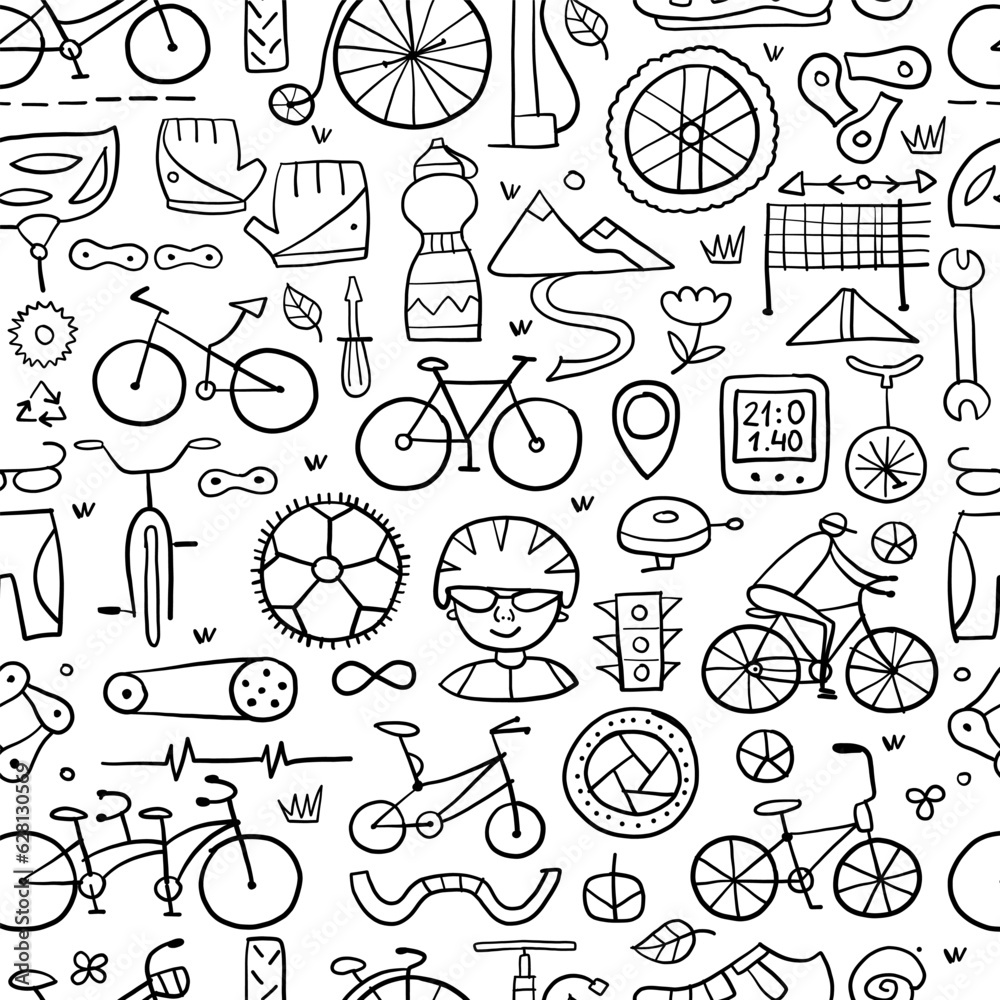 Bicycle time. Types of bicycles, tools and spare parts. Seamless pattern background for your design