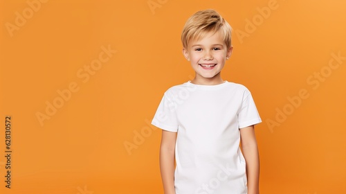 A portrait shot of a blonde little kid wearing a white t-shirt with orange background