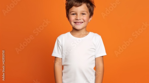 A portrait shot of a little kid wearing a white t-shirt with orange background
