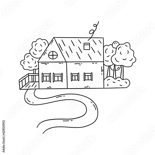 Cute country house among the trees with small porch and walkway leading up to it. Smoke comes out of the chimney. Village life. Black and white vector isolated illustration hand drawn doodle