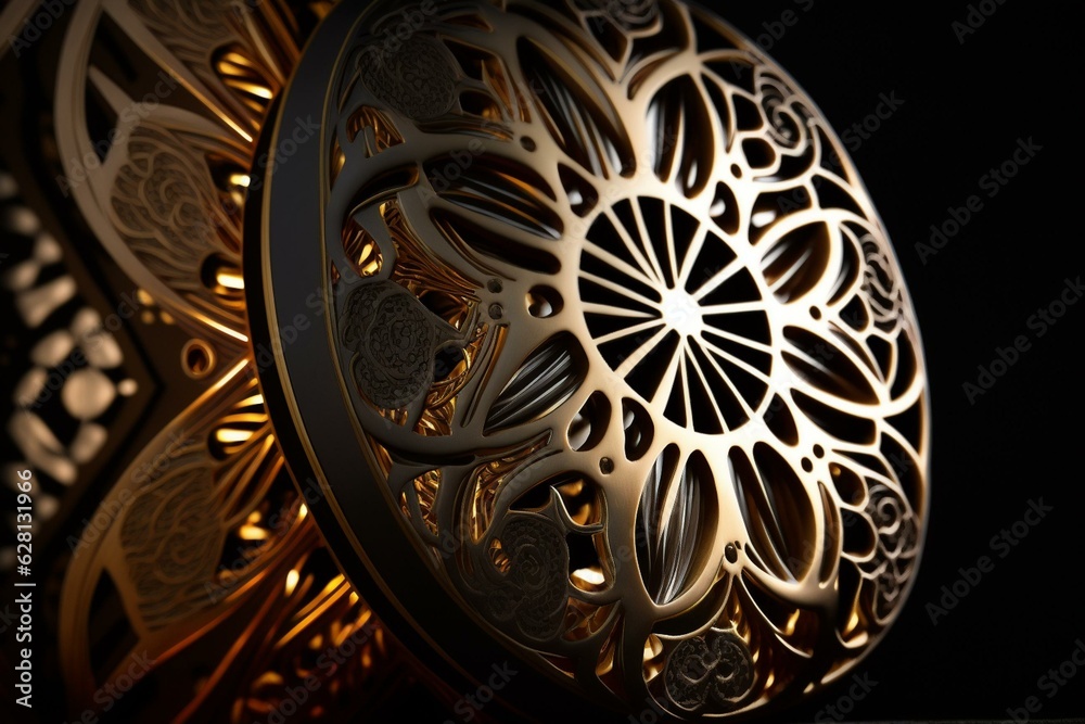 Close-up of a decorative object with side lights, circular interior design, and black background. Generative AI