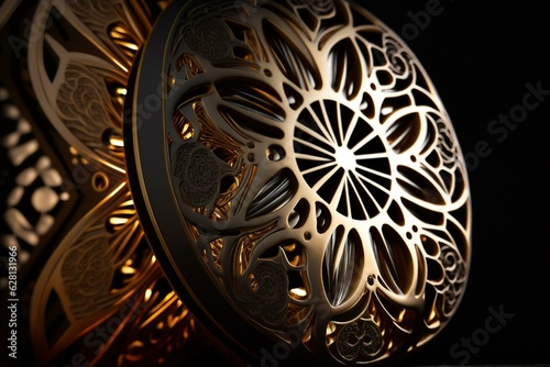 Close-up of a decorative object with side lights  circular interior design  and black background. Generative AI