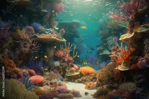 Illustration of a cartoon scene with fish in a majestic underwater coral reef  designed for children. Generative AI