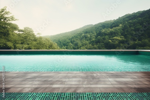 Contemporary pool terrace with open wall for text, featuring wood flooring, green pool tiles, empty white wall, and natural surroundings. Generative AI