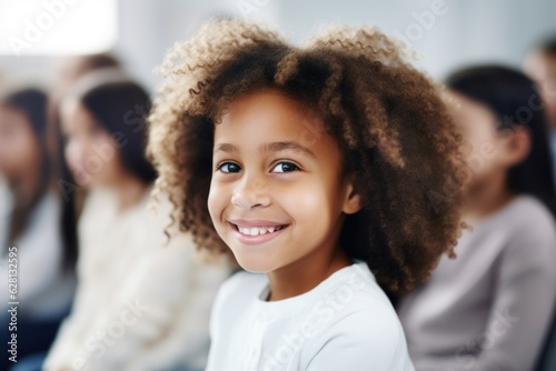 A happy school-aged African-American girl smiles during class.