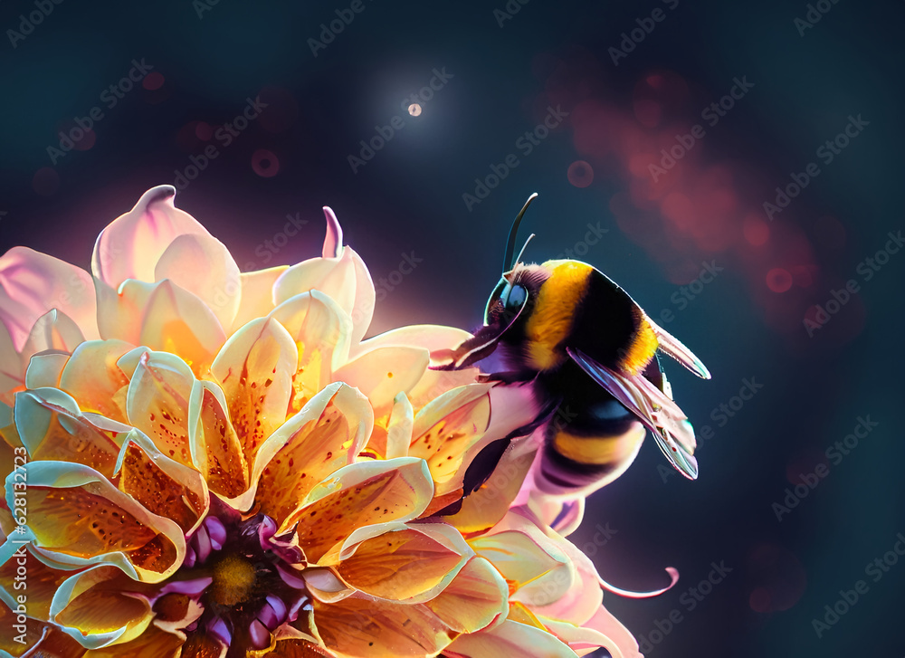 Premium Honey bee sits on a flower and collects nectar. Close-up of a ...