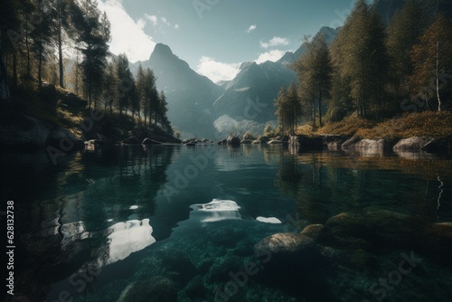 A breathtaking fjord vista with wooded peaks, mirrored water, and dramatic lighting. Generative AI