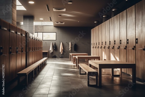 Sleek locker room with wooden bench, lockers & athletics space. Perfect for home team & gym workouts. Bright light adds design flair. Generative AI
