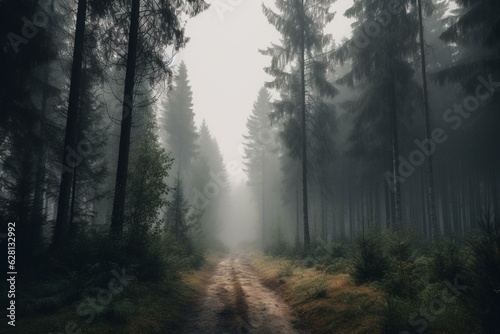 A misty forest with dense trees surrounded by fog, with tall pine trees visible in the distance. Generative AI © Lea