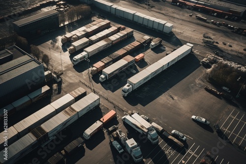 Aerial view shows no trucks at loading docks. Generative AI © Melisande