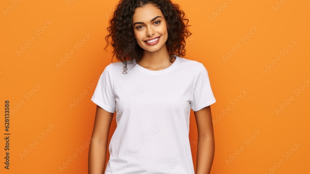 centered portrait view of a gorgeous woman wearing a white blank t-shirt with orange background mockup centered portrait view of a gorgeous woman wearing a white blank t-shirt with orange background mockup