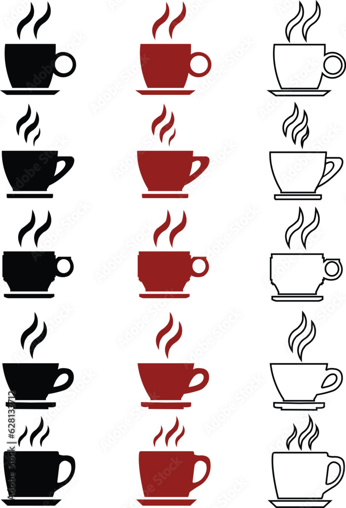 set of black mahroon and line coffee cup and mag for your design . A nice cup of coffee and tea. Coffee cup icons set .Coffee and tea cup icons set on white background .Tea Cups of coffee  collection.