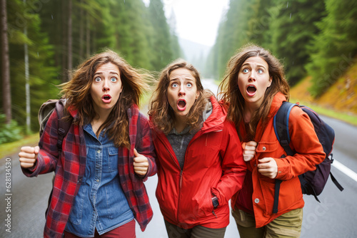 Dynamic adventure scene with three annoyed women on a road trip, emphasizing their emotions against the backdrop of a misty mountain road and fir forest. Generative AI