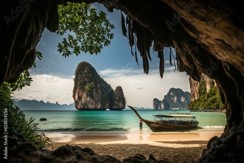 A view of Phra Nang Cave Beach with a long tail boat on Ao Phra Nang Beach in Krabi, Thailand. Generative AI photo
