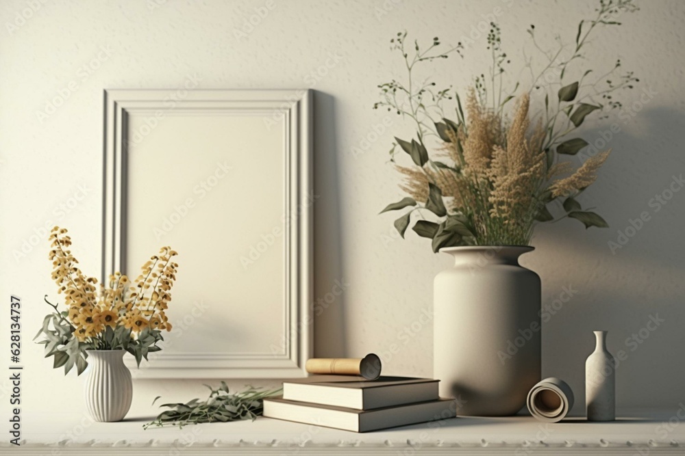 Poster mock-up with flowers, books, and vases on a wooden table against a white plaster wall; stylish landscape frame; 3D rendering. Generative AI - obrazy, fototapety, plakaty 