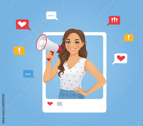 Beautiful young woman smiling speaking in megaphone vector illustration on blue background