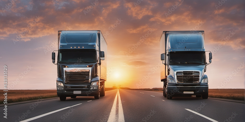 Truck with Cargo transportation across the country, tractor on the road in the rays of sunset, fast delivery, AI Generated