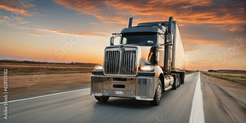 Truck with Cargo transportation across the country, tractor on the road in the rays of sunset, fast delivery, AI Generated